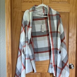 a new day Plaid Cape in Gray, White, and Orange